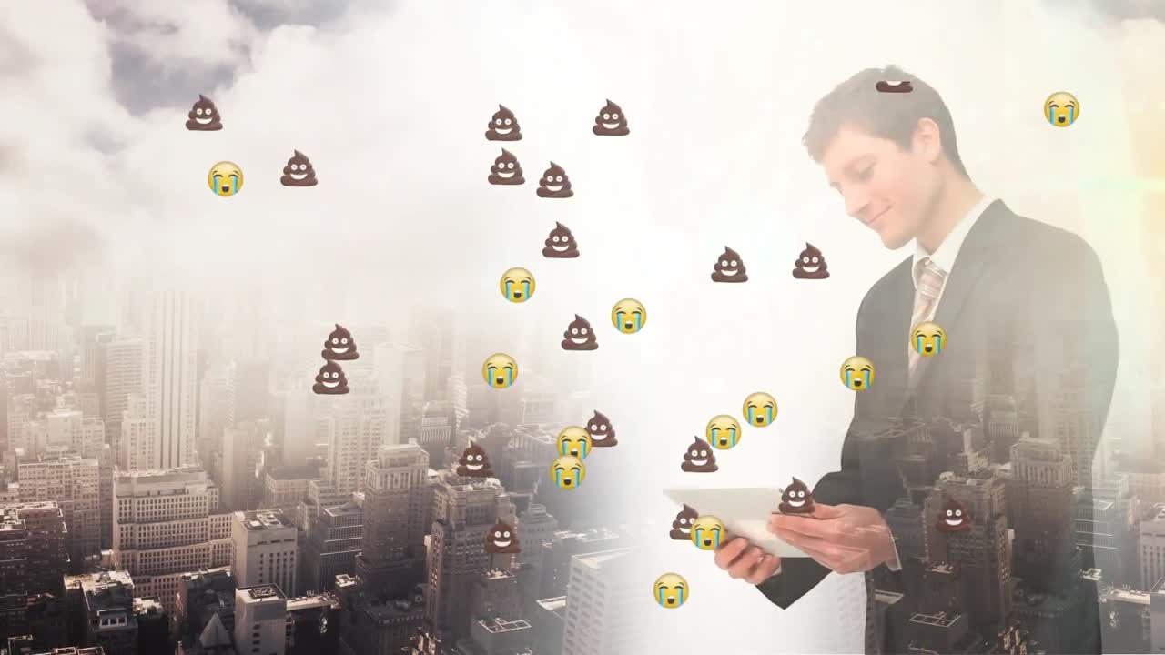 태블릿을 사용하는 백인 사업가에 대한 이모지 아이콘의 애니메이션