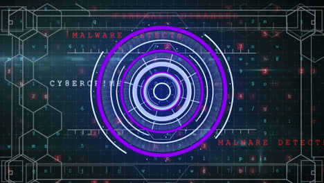 animación de líneas en círculos iluminados, patrón hexagonal con texto, números, símbolos y letras