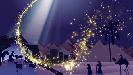 animation of shooting star over christmas nativity scene in winter scenery background