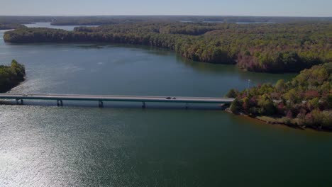 Aerial-dolly-shot-of-Tim's-Ford-Lake,-TN-in-early-autumn