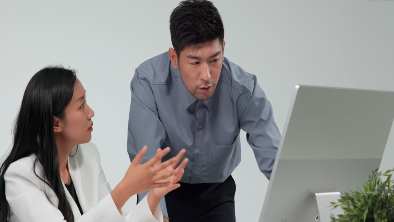 Colleagues partners talking using laptop computer working on financial statistics analyzing data in report discussing project results discussing business documents office meeting