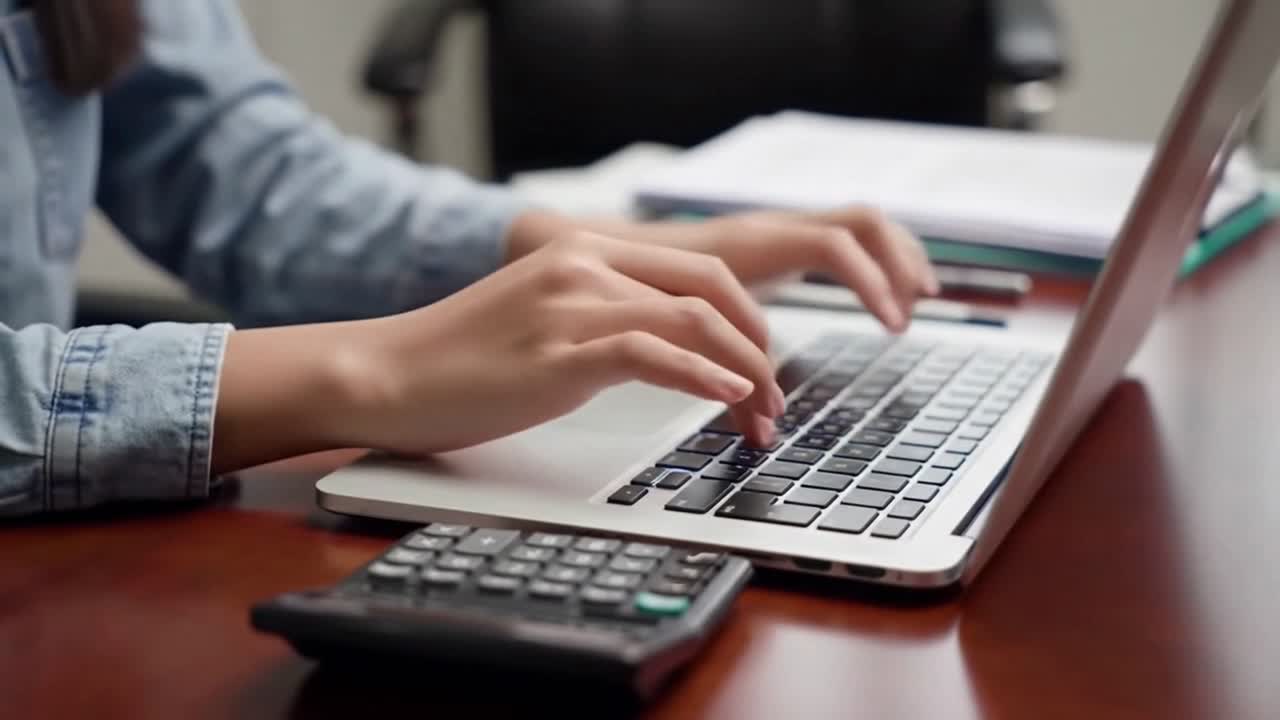 Hands Typing on a Laptop with a Calculator on the Desk