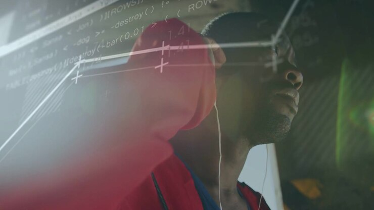 Man raising hand adjusting earbud tilting up while tech line chart sweeping over face seeking focus