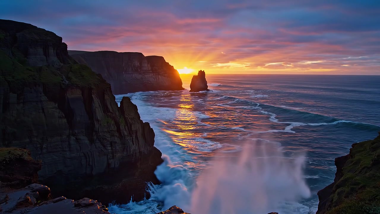 Tramonto spettacolare sulle scogliere oceaniche con onde che si infrangono