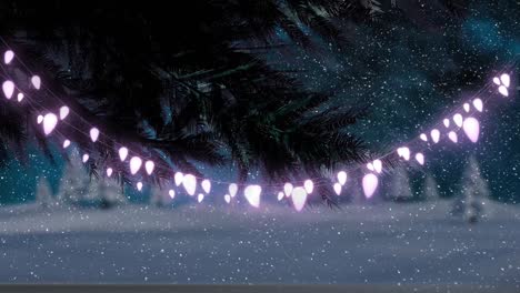animation of christmas fairy lights and snow falling over winter landscape