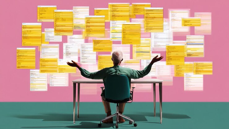 A solitary individual sits at a table with hands raised in exasperation, surrounded by a chaotic wall of yellow digital documents, symbolizing overwhelming information overload and confusion