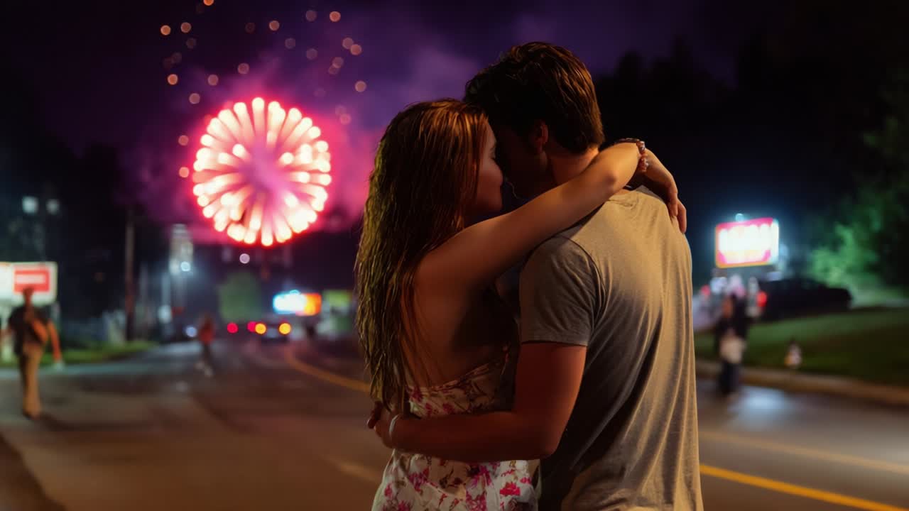 A Romantic Evening Under Fireworks: A Couple Embracing as Bright Colors Illuminate the Night Sky, Symbolizing Love and Celebration, with Fireworks Bursting in the Background Creating a Magical Atmosphere