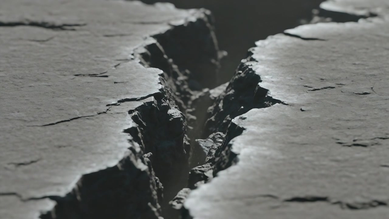 Starting camera pushing slowly forward and racking focus over dry ground, showing fissure rim
