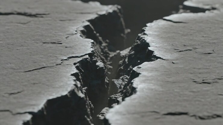 Starting camera pushing slowly forward and racking focus over dry ground, showing fissure rim