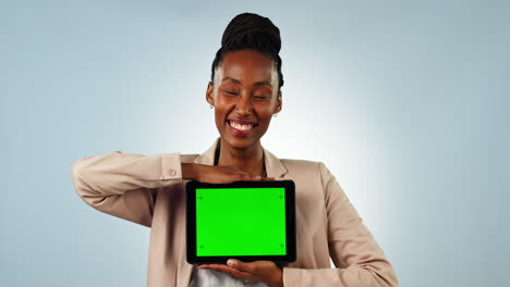 Happy-black-woman,-tablet-and-green-screen