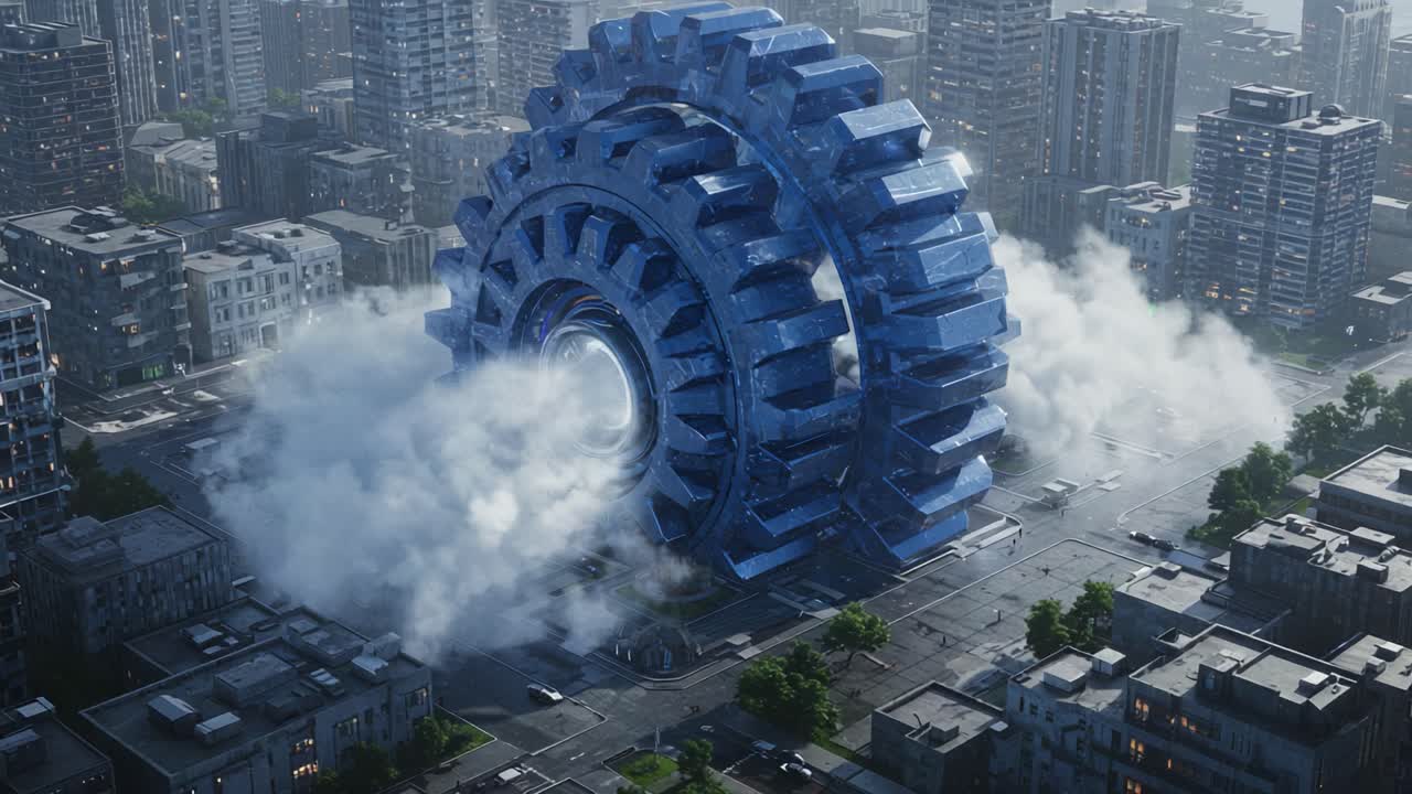 A Giant Mechanical Gear Emerges from Urban Landscape, Billowing Clouds of Steam Amidst Skyscrapers in a Dystopian Cityscape