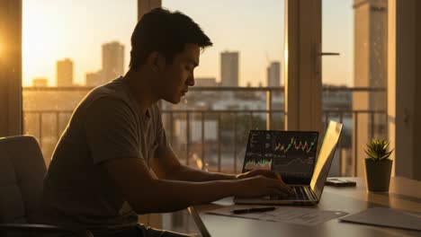 focused man analyzing financial data on laptop at sunset, surrounded by urban skyline, showcasing the intersection of work and city life in evening light