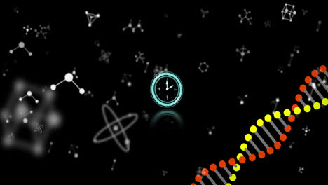 animation of illuminated digital clock and dna helix over nucleotides against black background