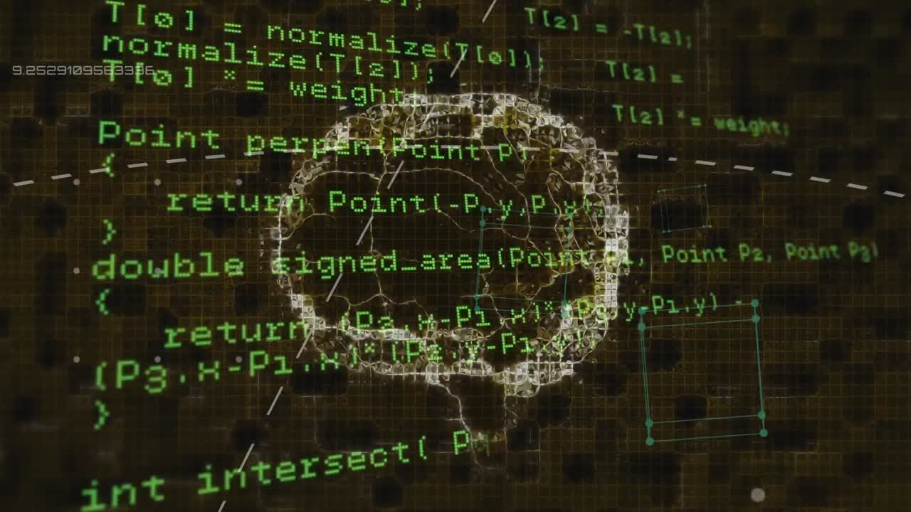 Animation of human brain and scientific data processing over black background