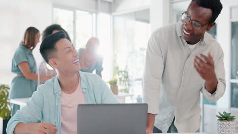 business, laptop and men with fist bump