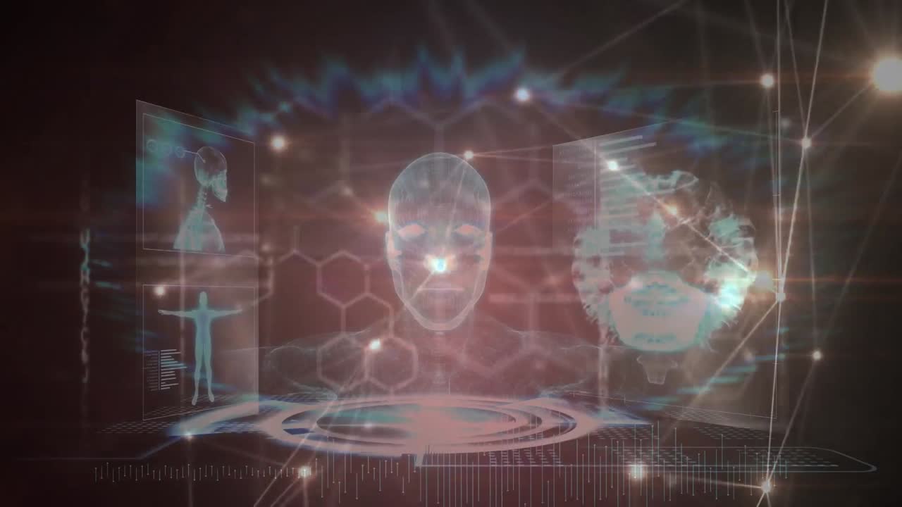 animación de la red de conexiones y procesamiento de datos sobre fondo negro