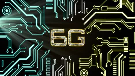 animación de texto de 6g, placa de circuito y procesamiento de datos de computadora