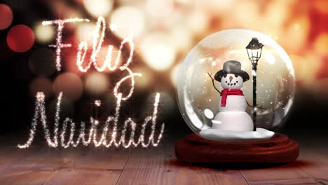hombre de nieve dentro del globo de nieve con saludos de navidad en español
