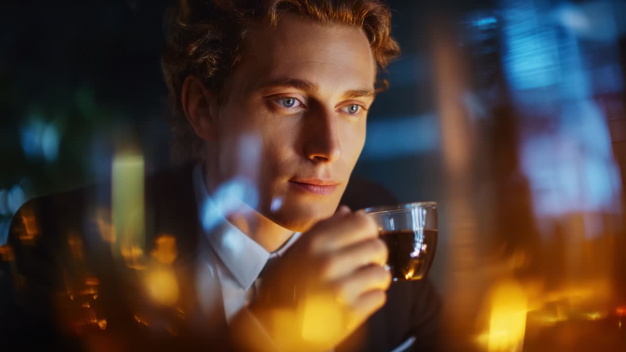 Momento di riflessione: un giovane sorseggia un caffè in un ambiente accogliente con illuminazione soffusa, che trasuda contemplazione ed eleganza, circondato da luci brillanti e accenni di un'atmosfera invitante