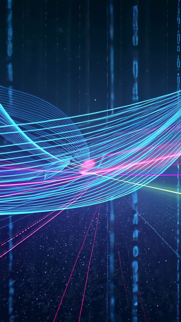 Vertical video: Starting neon-blue ribbon undulating in grid, mixing pink green lines for code flow