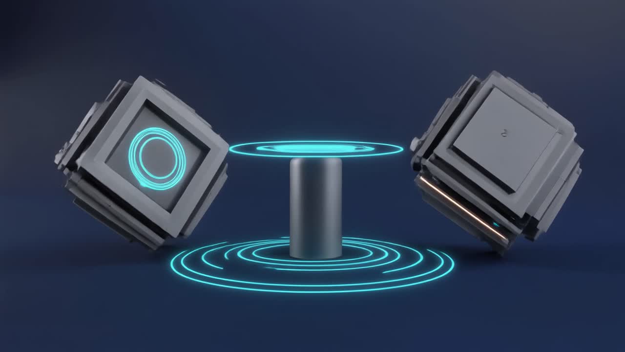 Futuristic Cubes Rotating Around a Glowing Energy Pillar