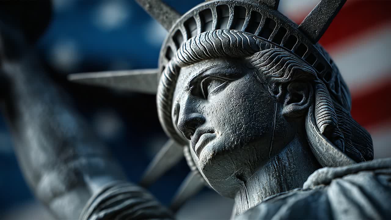 A Close-up View of the Statue of Liberty Capturing Her Resilience and Grandeur Against a Blurred Background of American Patriotism