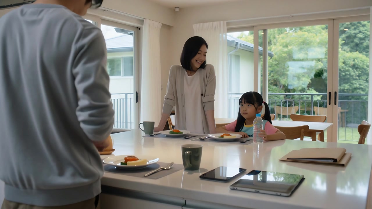キッチンアイランドで娘に微笑みかける母親、男性はウォーターボトルを傍らに朝食を盛り付けている。