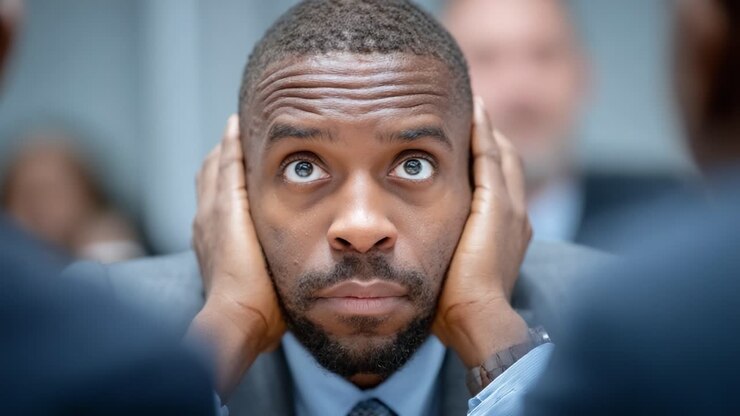 A contemplative moment captured in two frames, showcasing a man visibly overwhelmed and deep in thought, conveying emotions of stress and introspection