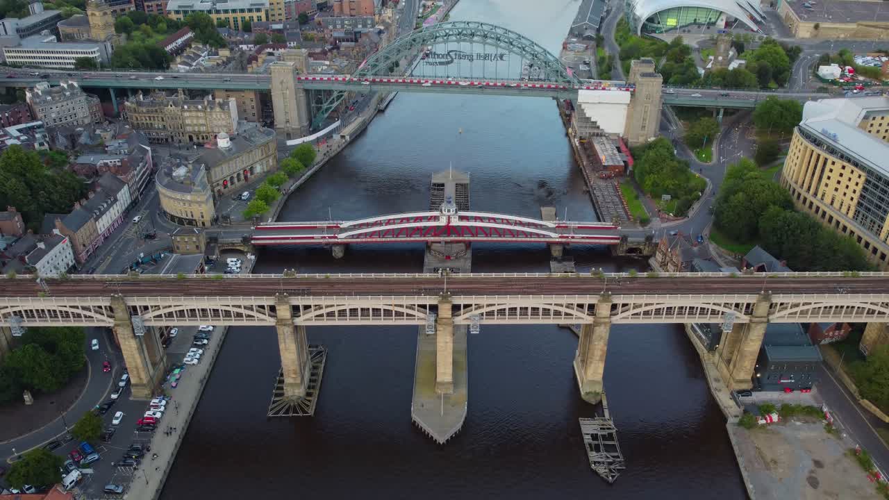 Aerial view drone video of Newcastle Upon Tyne Quayside on a moody summer evening