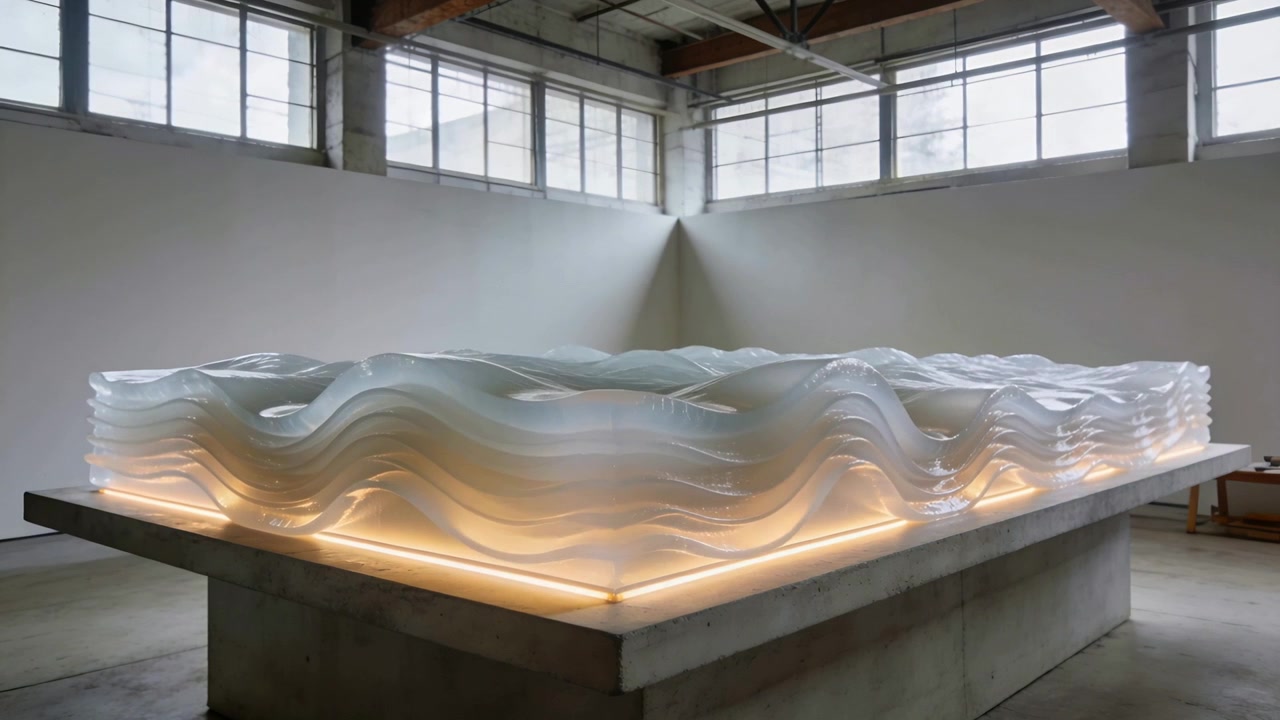 Ripresa panoramica che rivela una scultura a onda traslucida su un piedistallo di cemento in un magazzino