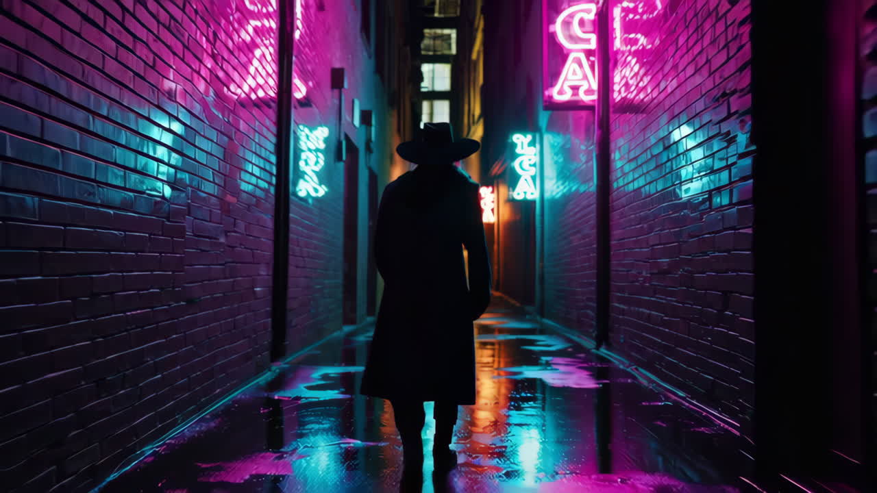 Mysterious Figure in a Neon-Lit Alley
