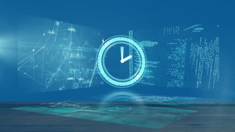 animation of moving clock and diverse data processing over screens in background