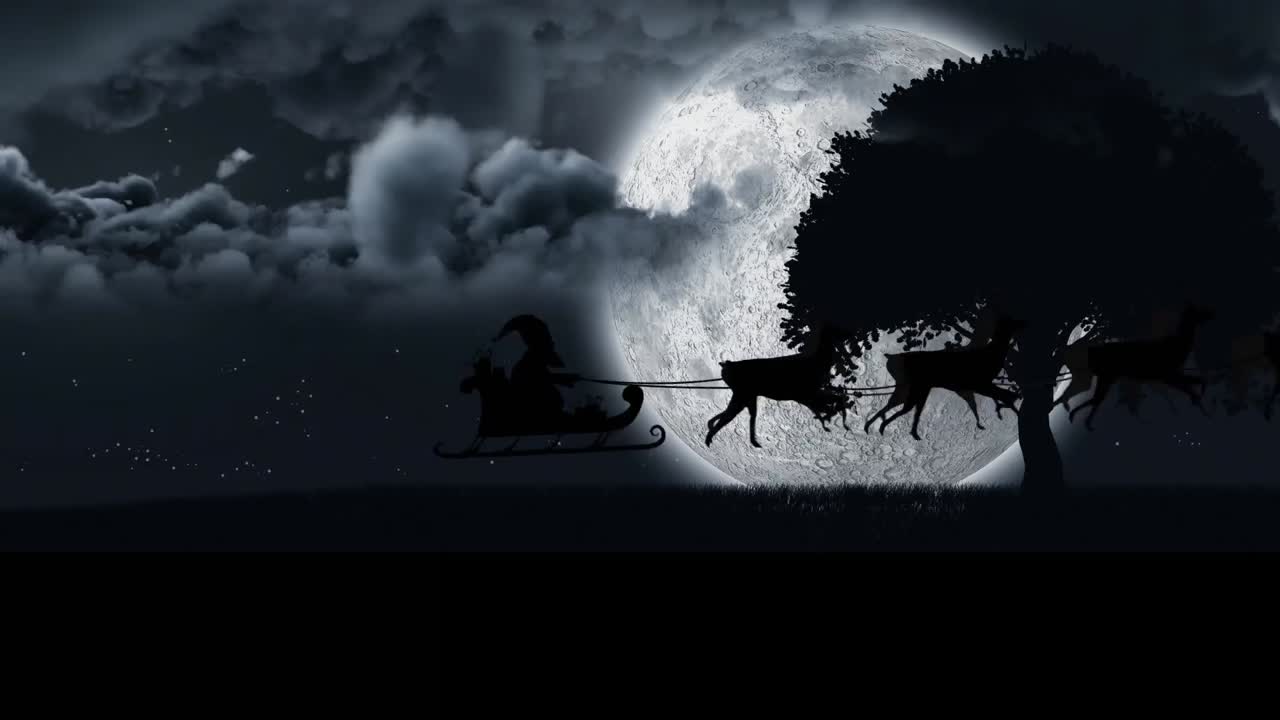 Animazione di Babbo Natale su slitta con renne che sorvola la luna