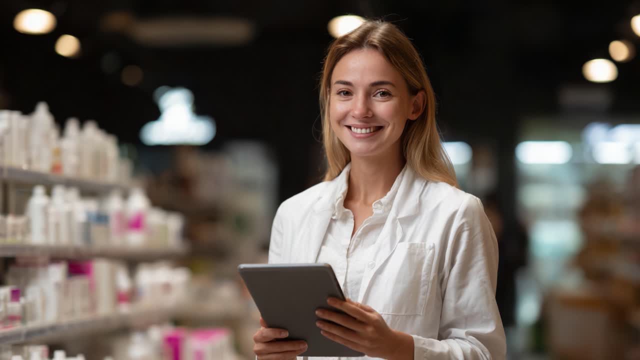 Smiling Professional Holding Tablet in a Beauty Store: A Cheerful Moment Captured in a Vibrant Retail Environment Surrounded by Skincare Products