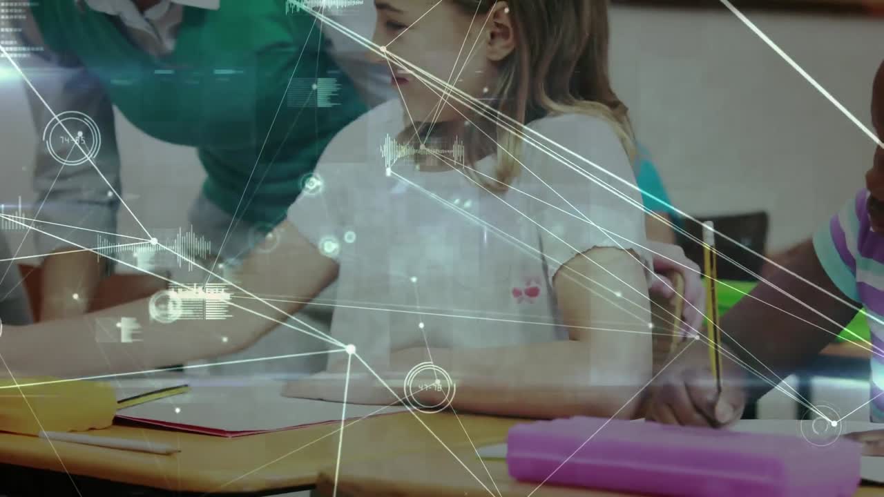 animación de la red de conexiones entre diversos escolares que aprenden en el aula