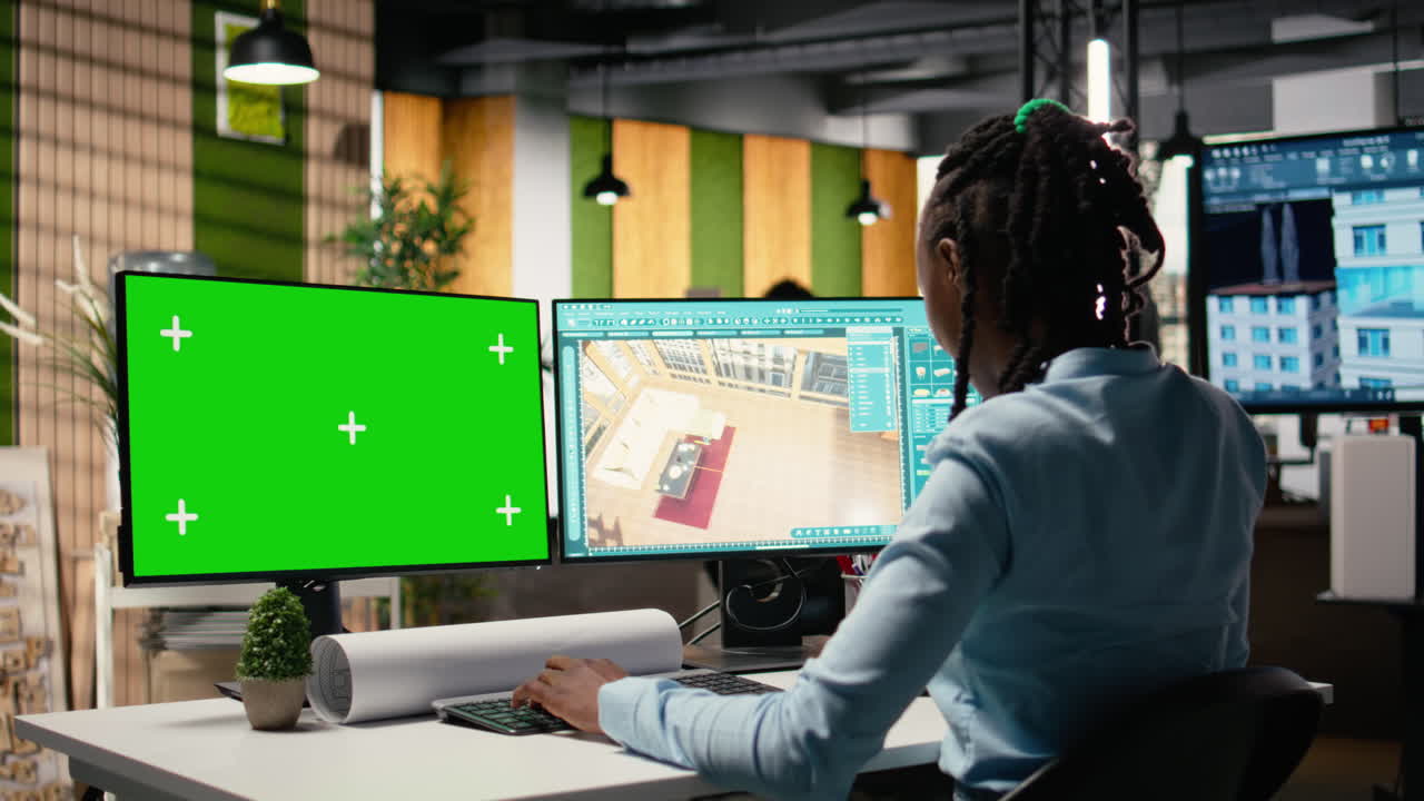 Un esperto immobiliare utilizza software e green screen per pianificare la struttura di costruzione.