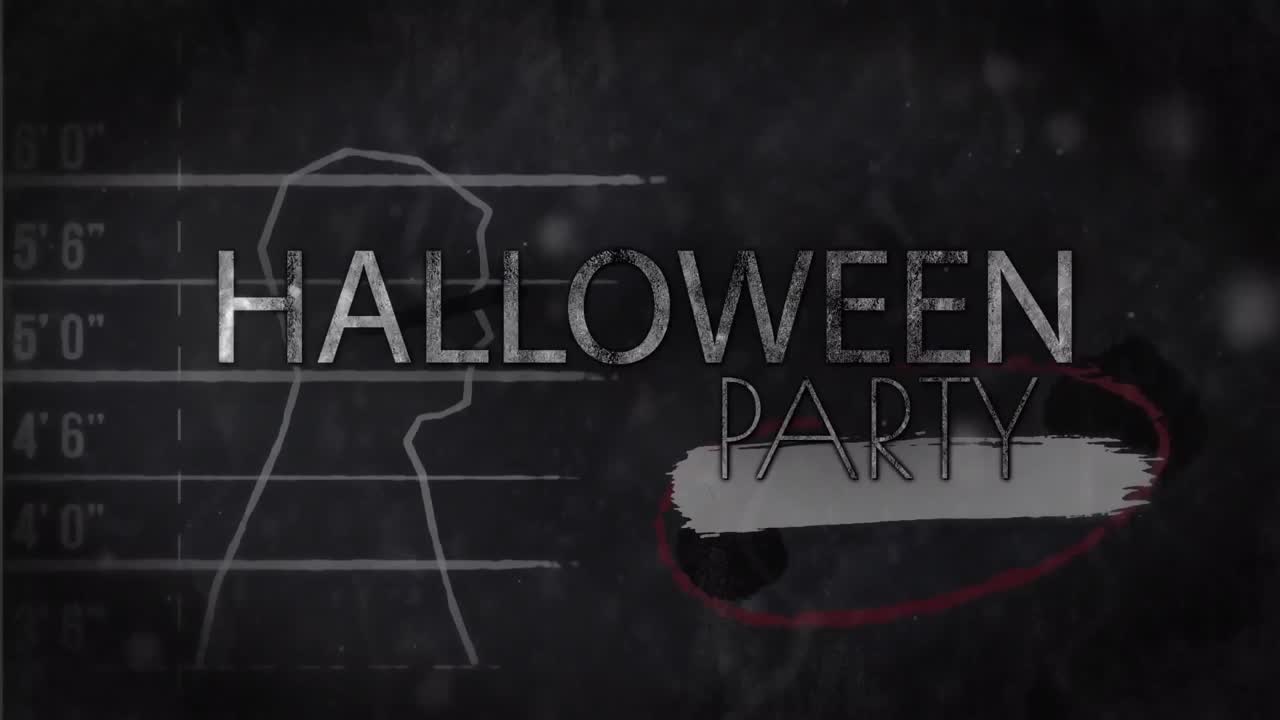 블랙 배경의 남자 실루 ⁇  위의 할로윈 파티 텍스트의 애니메이션