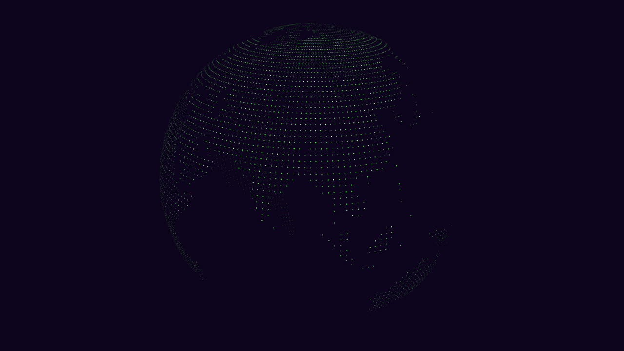 Futuristic dotted globe rotation on dark background, global data network concept