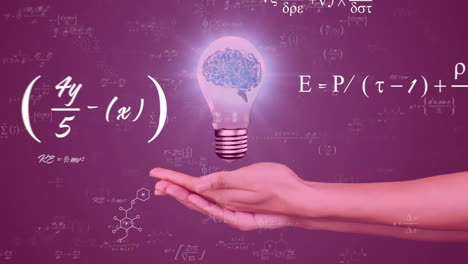 Animation of mathematical formula over hand holding light bulb with brain on purple background