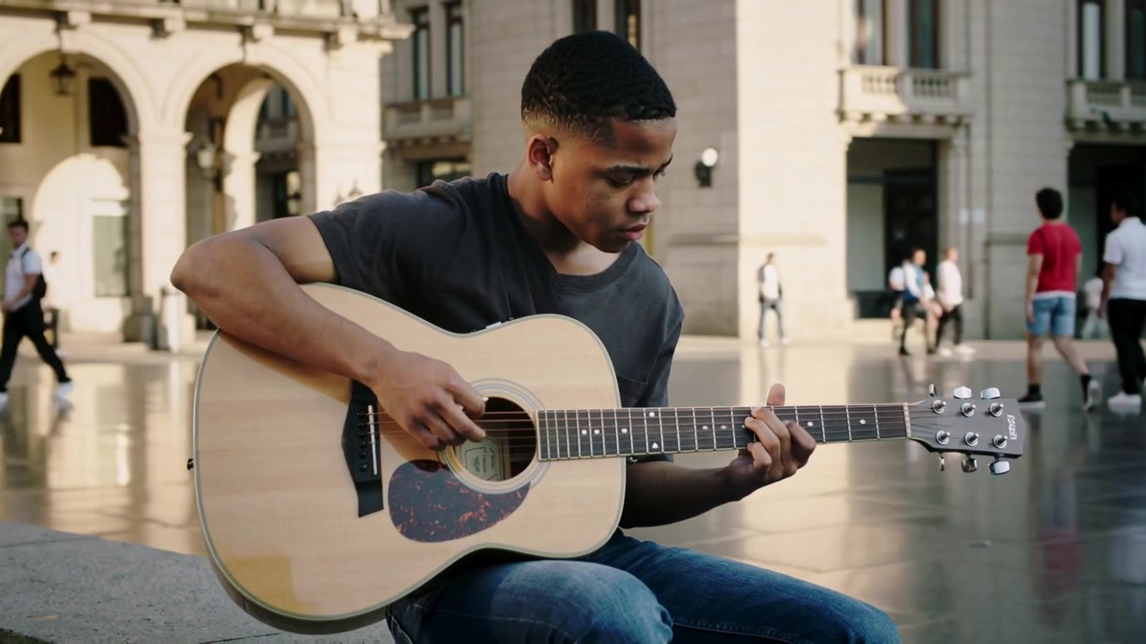 Guardando in basso, un uomo suona la chitarra acustica in piazza su una sporgenza di pietra, indossando una maglietta scura e jeans, esibendosi come artista di strada.