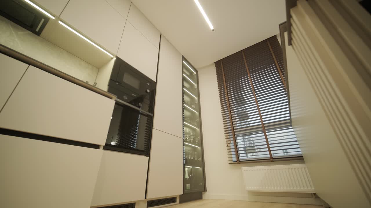 interior de la cocina minimalista moderna con grandes ventanas y tonos neutrales