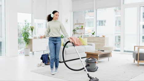 music, cleaning and woman dance with vacuum