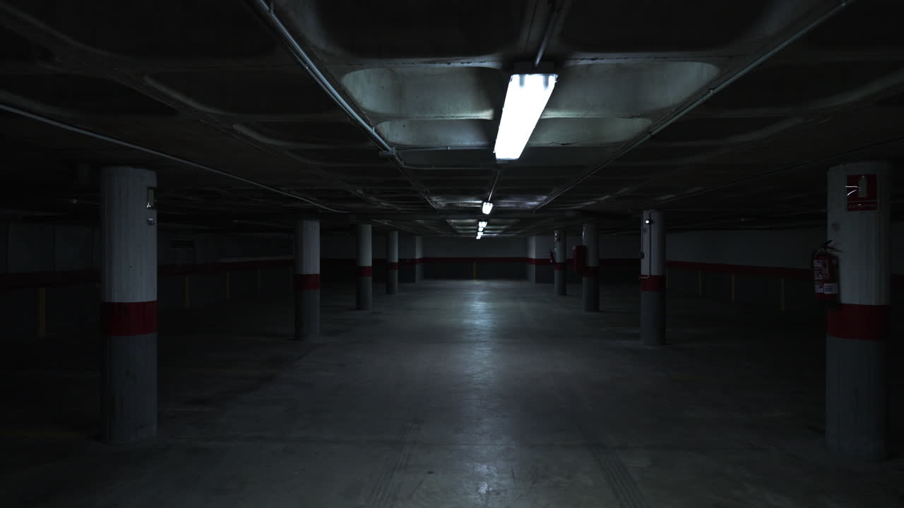 Neon light pulsing through underground parking garage, creating intense psychological atmosphere of suspense with shifting shadows and eerie emptiness