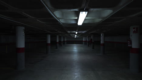 neon light pulsing through underground parking garage, creating intense psychological atmosphere of suspense with shifting shadows and eerie emptiness
