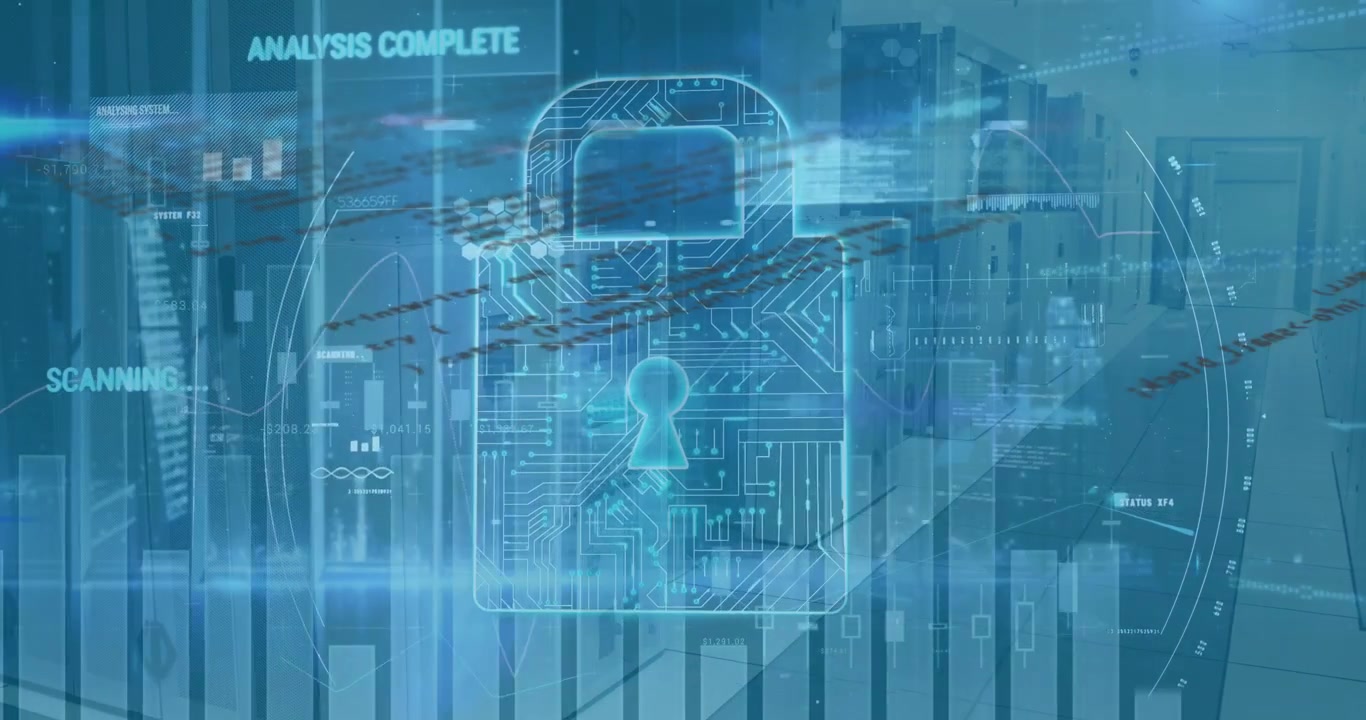 Animation of security padlock icon and data processing against computer server room