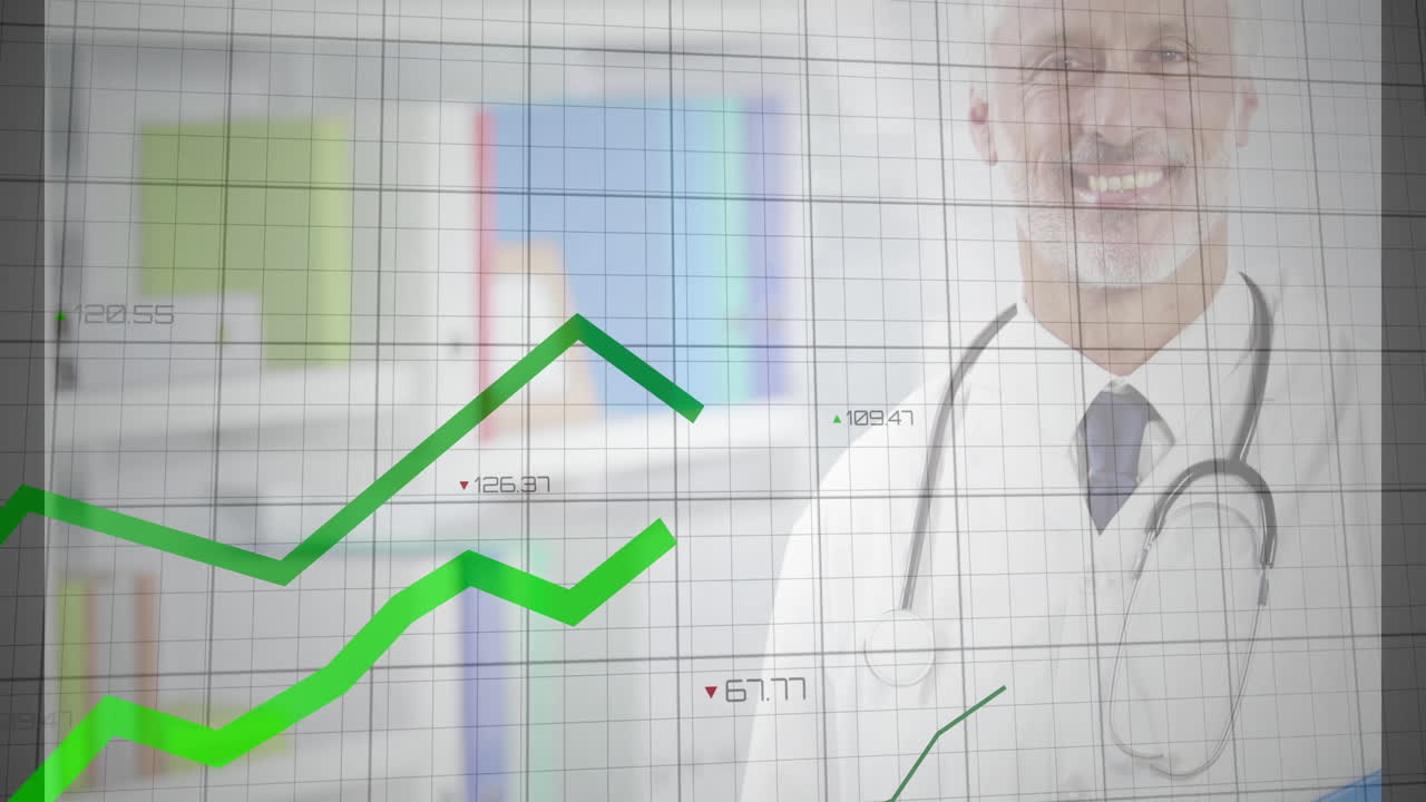male doctor reviewing medical data grid in office, with rising green trend lines and numbers