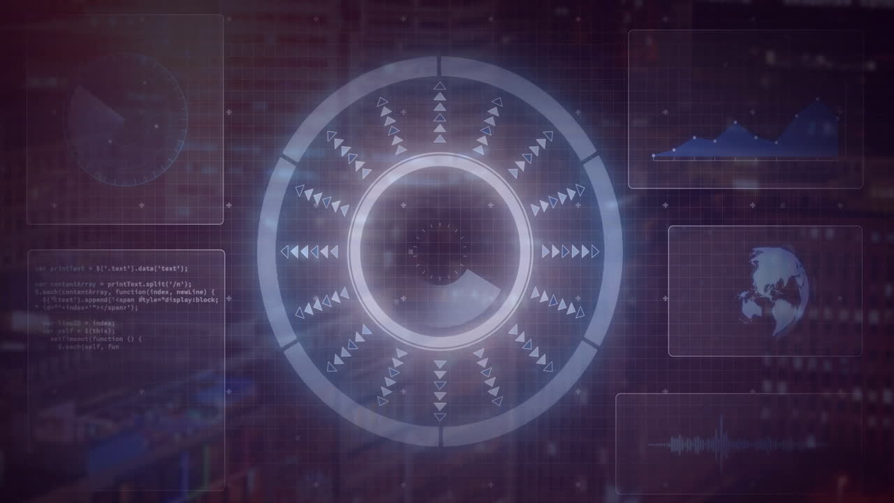 animación de procesamiento de datos futurista sobre el paisaje urbano con gráficos y mapa del mundo