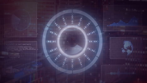 futuristic data processing animation over cityscape with graphs and world map