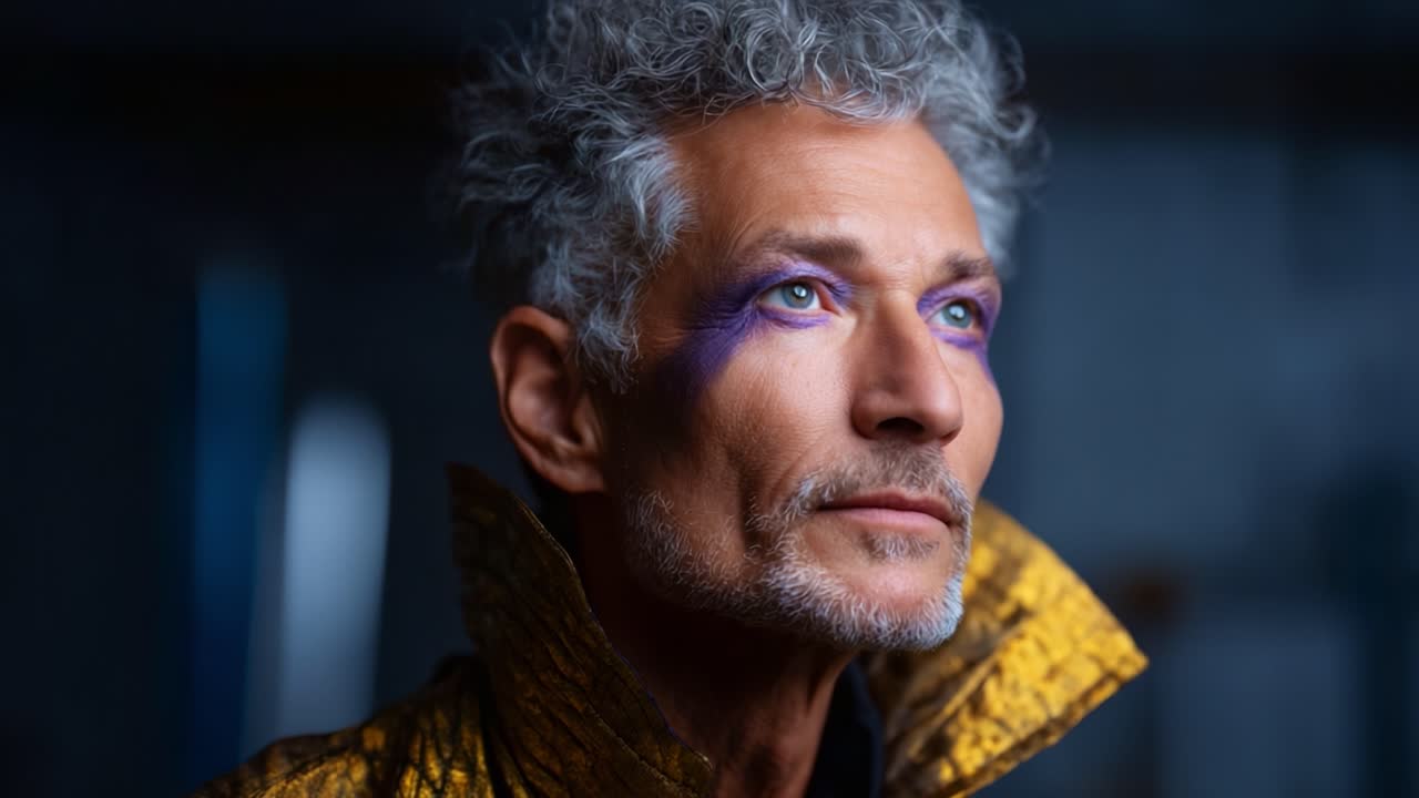 Elegante ritratto di un uomo con riccioli sorprendenti e trucco occhi vivace, che emana sicurezza e abilità artistica in una giacca dorata riccamente strutturata su uno sfondo tenue