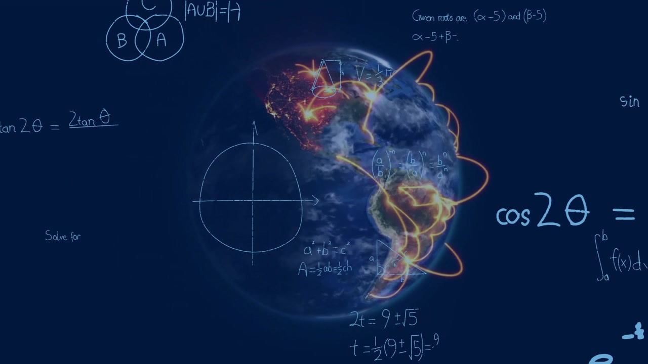 Dopo un ritardo di 1 secondo, un globo rotante, archi arancioni pulsanti e gesso che appare, mostrando dati e matematica.